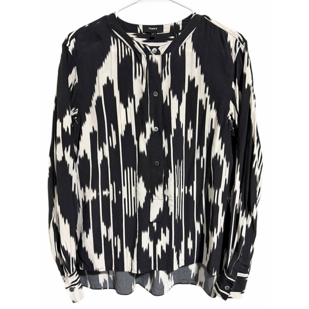 Theory Isalva Silk Black/White Long Sleeve High Low Blouse Women's Size Medium
